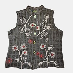 Alex Kim Embroidered Floral‎ Sleeveless Vest Top M Boho Cottagecore Grandmacore